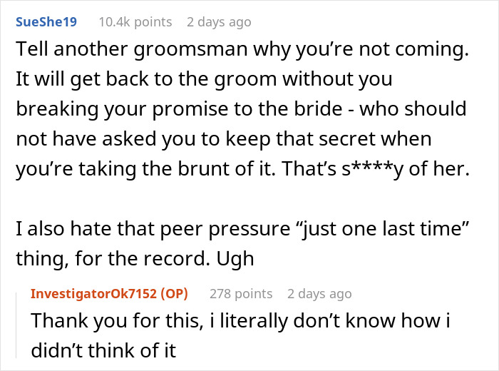 Screenshot of a forum discussion about a groom kissing his best friend at a bachelor party causing the bride to ban him from the wedding. Screenshot of a forum discussion about a groom kissing his best friend at a bachelor party causing the bride to ban him from the wedding.