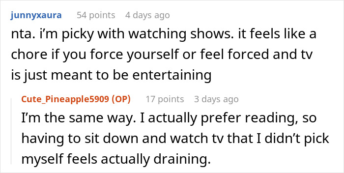 Online discussion about refusing to watch autistic friends show recommendation and feeling forced to watch TV. Online discussion about refusing to watch autistic friends show recommendation and feeling forced to watch TV.