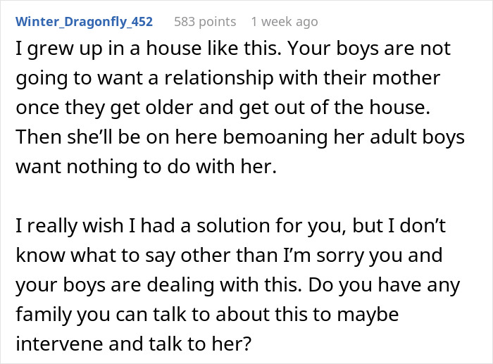 Comment discussing strained family relationships due to a wife turned mean once she got money and its impact on her sons. Comment discussing strained family relationships due to a wife turned mean once she got money and its impact on her sons.