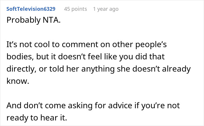 Screenshot of an online comment discussing a woman suggesting her obese friend buy two seats for comfort on a flight. Screenshot of an online comment discussing a woman suggesting her obese friend buy two seats for comfort on a flight.