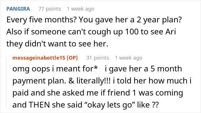 Screenshot of a Reddit conversation about a woman refusing to wait for a friend who won’t pay her back. Screenshot of a Reddit conversation about a woman refusing to wait for a friend who won’t pay her back.