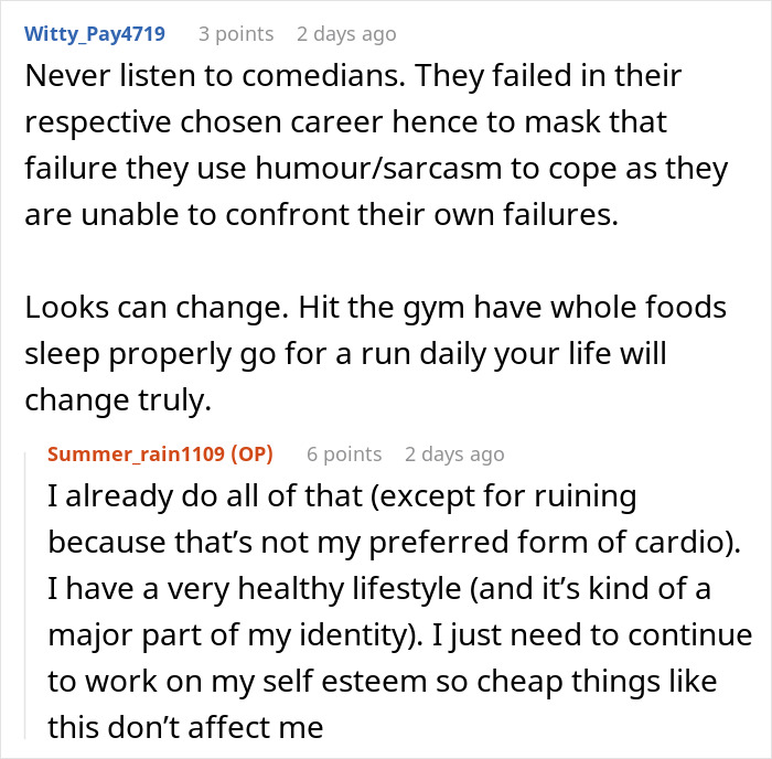 Reddit user comments discussing a woman’s experience crying instead of laughing at a stand-up show. Reddit user comments discussing a woman’s experience crying instead of laughing at a stand-up show.