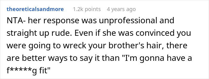 Screenshot of a Reddit comment criticizing a rude salon employee for refusing to sell box dye to a woman’s brother. Screenshot of a Reddit comment criticizing a rude salon employee for refusing to sell box dye to a woman’s brother.