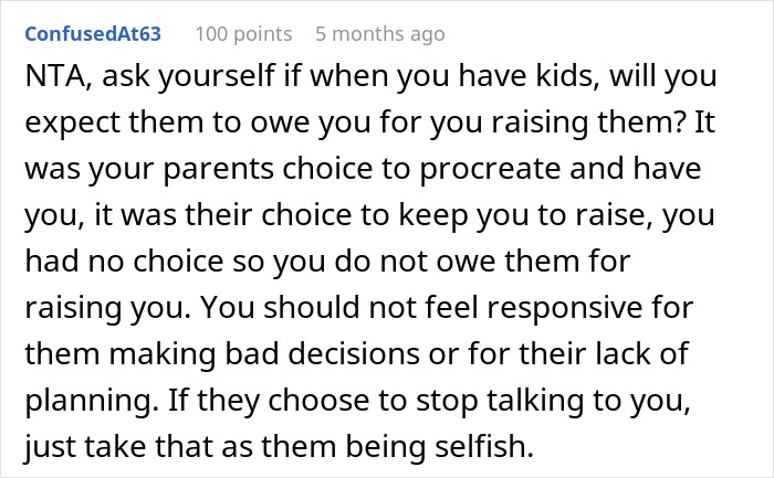 Screenshot of an online comment discussing parenting responsibilities in relation to a mom retirement plan scenario. Screenshot of an online comment discussing parenting responsibilities in relation to a mom retirement plan scenario.