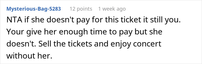 Comment about refusing to wait for a friend who won’t pay back a ticket and suggesting to sell it instead. Comment about refusing to wait for a friend who won’t pay back a ticket and suggesting to sell it instead.