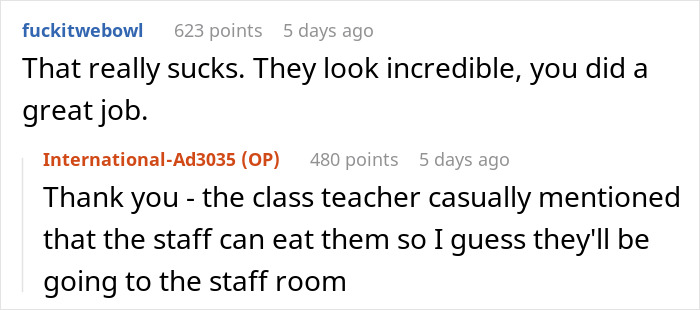 Online conversation about mom spending hours baking cupcakes for son’s birthday and unexpected school staff reaction. Online conversation about mom spending hours baking cupcakes for son’s birthday and unexpected school staff reaction.