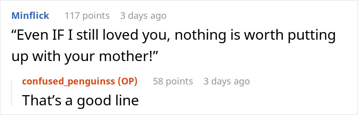 Text conversation showing a humorous comment about family conflicts with a witty reply below. Text conversation showing a humorous comment about family conflicts with a witty reply below.