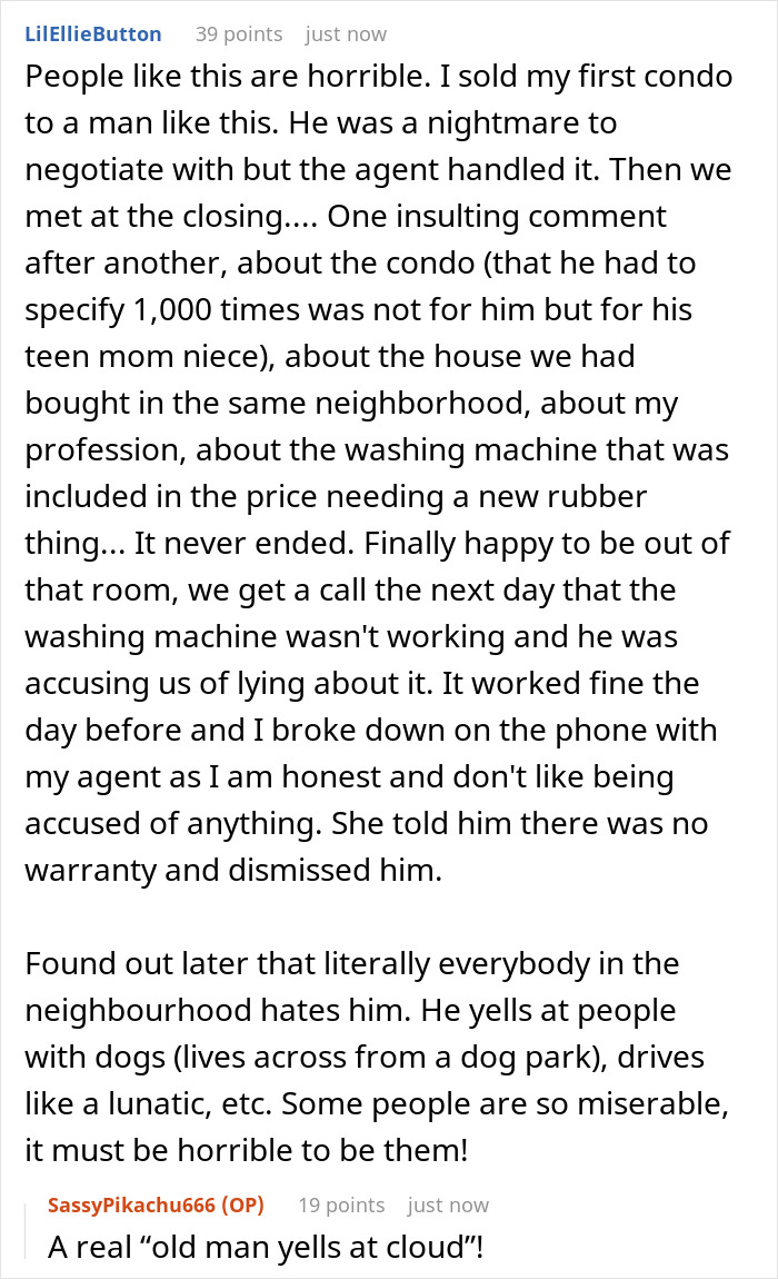 Screenshot of a Reddit thread discussing a rude old man ruining a woman’s first class flight experience. Screenshot of a Reddit thread discussing a rude old man ruining a woman’s first class flight experience.