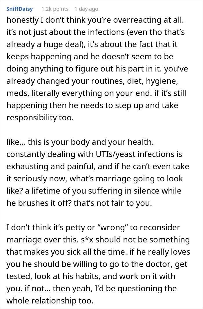 Screenshot of online advice discussing partner prone to infections refusing testing, causing reconsideration of marriage plans. Screenshot of online advice discussing partner prone to infections refusing testing, causing reconsideration of marriage plans.