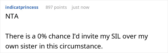 Screenshot of a Reddit comment discussing refusing sister-in-law’s service dog at a wedding, debating if bride is wrong.