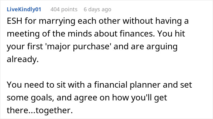 Comment discussing the husband tells wife no money no honeymoon conflict and financial planning advice. Comment discussing the husband tells wife no money no honeymoon conflict and financial planning advice.