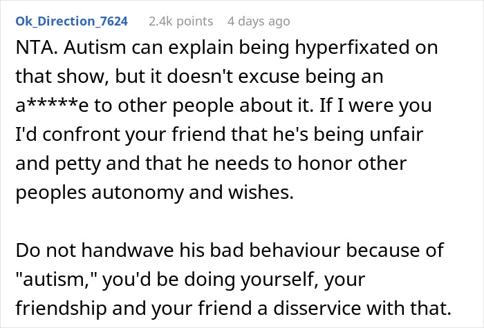 Alt text: Online discussion about refusing to watch autistic friend's show recommendation and respecting personal boundaries and autonomy. Alt text: Online discussion about refusing to watch autistic friend's show recommendation and respecting personal boundaries and autonomy.