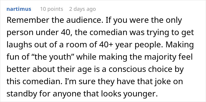 Screenshot of a forum comment discussing a woman going to a stand-up show and ending up crying instead of laughing. Screenshot of a forum comment discussing a woman going to a stand-up show and ending up crying instead of laughing.