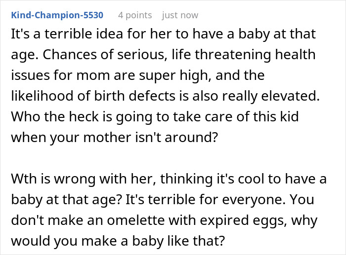 Screenshot of an online comment criticizing a 46-year-old getting pregnant and expecting adult kids to help. Screenshot of an online comment criticizing a 46-year-old getting pregnant and expecting adult kids to help.