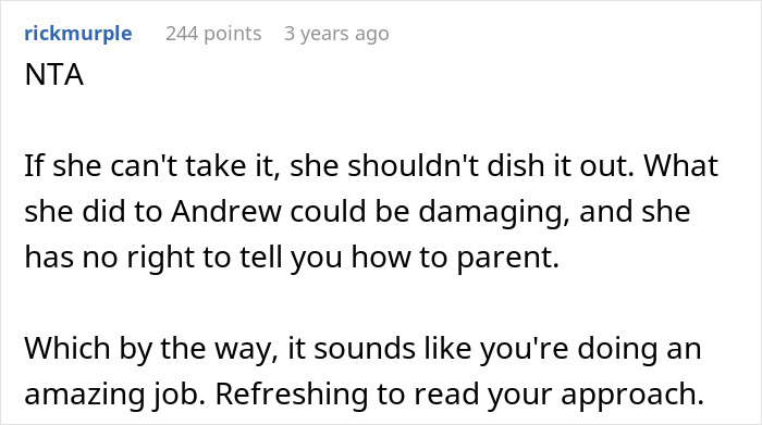 Screenshot of a Reddit comment defending a parent's approach, mentioning damaging behavior and parenting rights. Screenshot of a Reddit comment defending a parent's approach, mentioning damaging behavior and parenting rights.