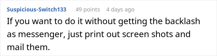 Comment on online forum discussing how to handle messenger backlash by printing screenshots and mailing them, related to friends husband dating the same guy. Comment on online forum discussing how to handle messenger backlash by printing screenshots and mailing them, related to friends husband dating the same guy.