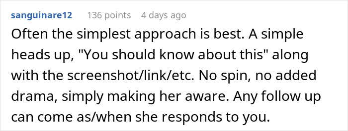 Comment suggesting a simple, drama-free tip to inform a friend about dating the same guy as her husband. Comment suggesting a simple, drama-free tip to inform a friend about dating the same guy as her husband.