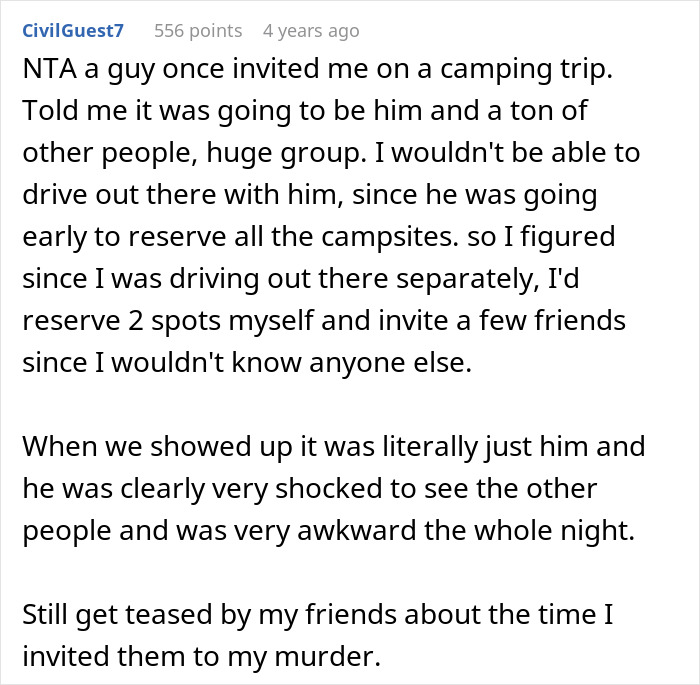 ALT text: Online comment sharing a petty response story about a creepy coworker and an awkward camping trip surprise. ALT text: Online comment sharing a petty response story about a creepy coworker and an awkward camping trip surprise.