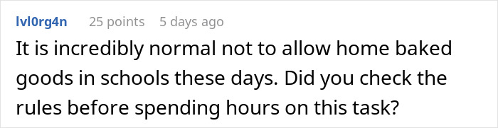 Screenshot of an online comment questioning school rules about home baked goods after a mom spends hours baking cupcakes. Screenshot of an online comment questioning school rules about home baked goods after a mom spends hours baking cupcakes.