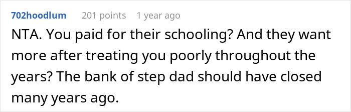 Screenshot of a Reddit comment discussing stepkids treating stepdad with indifference and expecting an inheritance. Screenshot of a Reddit comment discussing stepkids treating stepdad with indifference and expecting an inheritance.