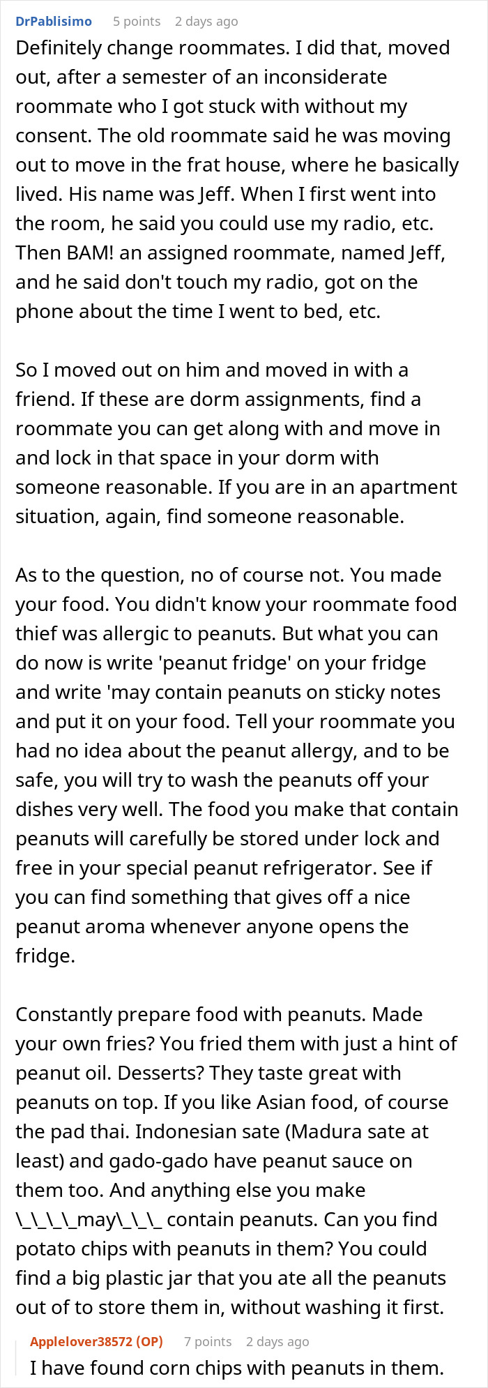 Comment discussing a roommate food thief with peanut allergy and advice on managing peanut contamination risks. Comment discussing a roommate food thief with peanut allergy and advice on managing peanut contamination risks.