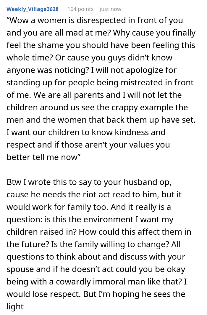 Comment defending cousin's wife, standing up against rude hubby, and addressing family disrespect and values. Comment defending cousin's wife, standing up against rude hubby, and addressing family disrespect and values.
