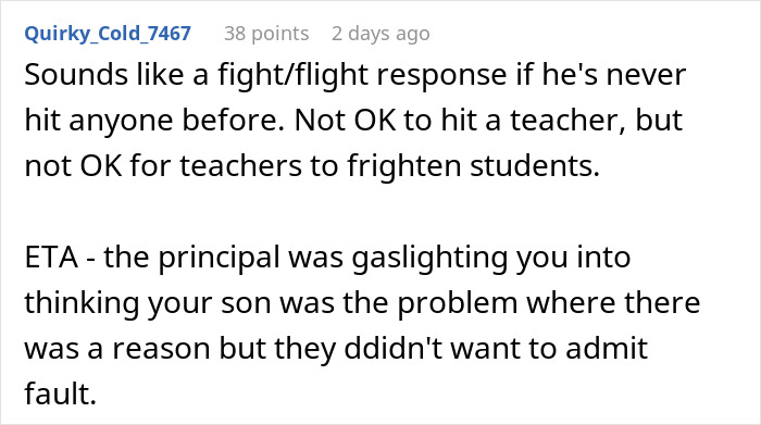 Comment discussing a teacher scaring a student during class leading to a shocked hit and suspension concerns. Comment discussing a teacher scaring a student during class leading to a shocked hit and suspension concerns.