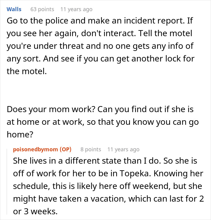 User advice on contacting police and avoiding interaction, discussing mom's work status in a mother-poisoned-me context. User advice on contacting police and avoiding interaction, discussing mom's work status in a mother-poisoned-me context.