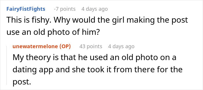 Screenshot of a conversation discussing use of an old photo on a dating app related to friends husband dating the same guy. Screenshot of a conversation discussing use of an old photo on a dating app related to friends husband dating the same guy.