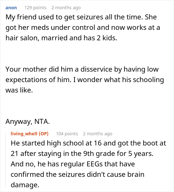 Reddit comments discussing a guy refusing to look after his brother labeled disabled but seen as lazy and enabled by their mother. Reddit comments discussing a guy refusing to look after his brother labeled disabled but seen as lazy and enabled by their mother.