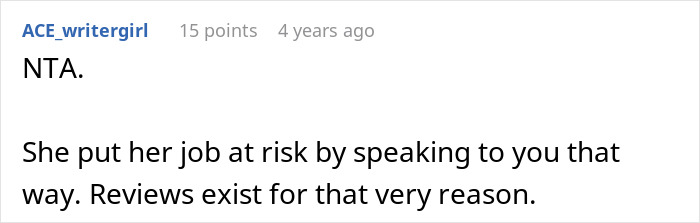 Commenter ACE_writergirl explaining how rude salon employee risks job by refusing box dye sale and confronting customer’s brother online. Commenter ACE_writergirl explaining how rude salon employee risks job by refusing box dye sale and confronting customer’s brother online.