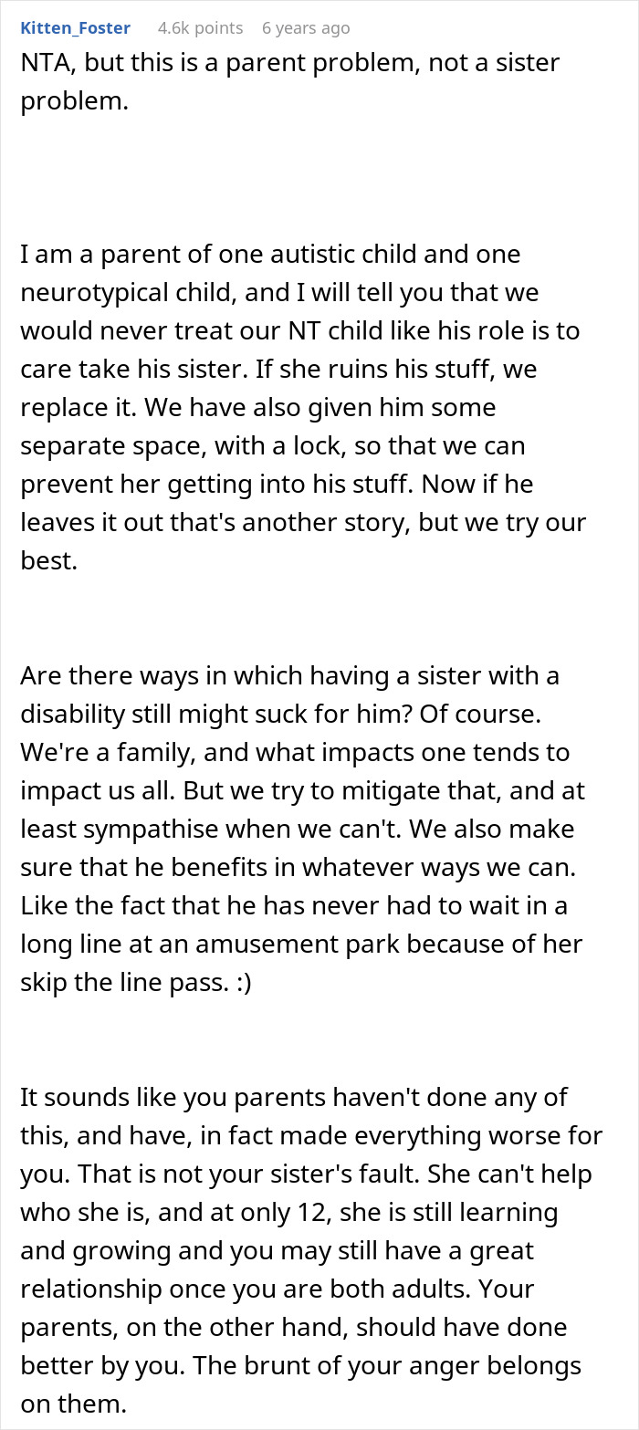 Screenshot of an online comment discussing challenges of babysitting autistic sibling and calling out parents' role. Screenshot of an online comment discussing challenges of babysitting autistic sibling and calling out parents' role.