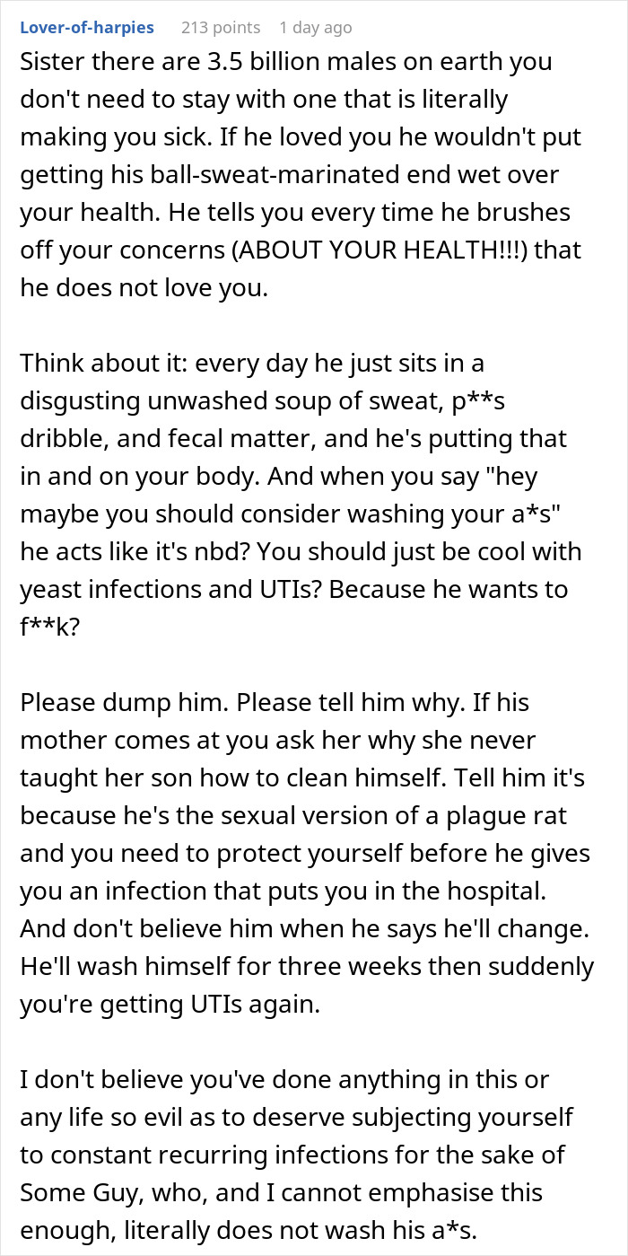 Comment discussing partner prone to infections, refusing testing, and the impact on health and marriage reconsideration. Comment discussing partner prone to infections, refusing testing, and the impact on health and marriage reconsideration.