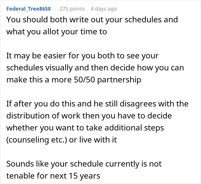 Text advice on managing schedules when a husband expects wife to work and study full time with two kids. Text advice on managing schedules when a husband expects wife to work and study full time with two kids.