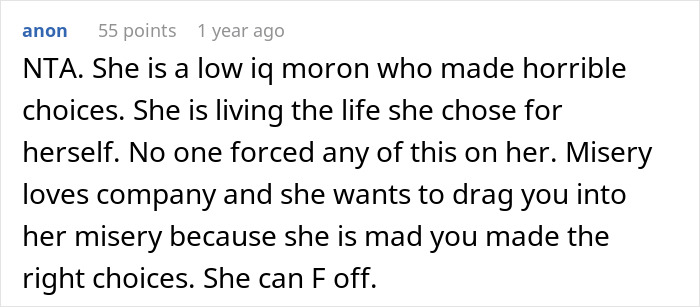 Screenshot of a forum comment rejecting sister’s money requests while sibling rages over Ibiza posts and family struggles.