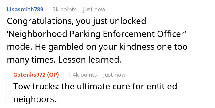 Text conversation about neighborhood parking enforcement and tow trucks as a solution for entitled neighbors after a nurse's long shift. Text conversation about neighborhood parking enforcement and tow trucks as a solution for entitled neighbors after a nurse's long shift.