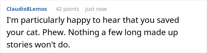 Comment expressing relief about saving a cat and mentioning nosy neighbor trauma with made-up stories. Comment expressing relief about saving a cat and mentioning nosy neighbor trauma with made-up stories.