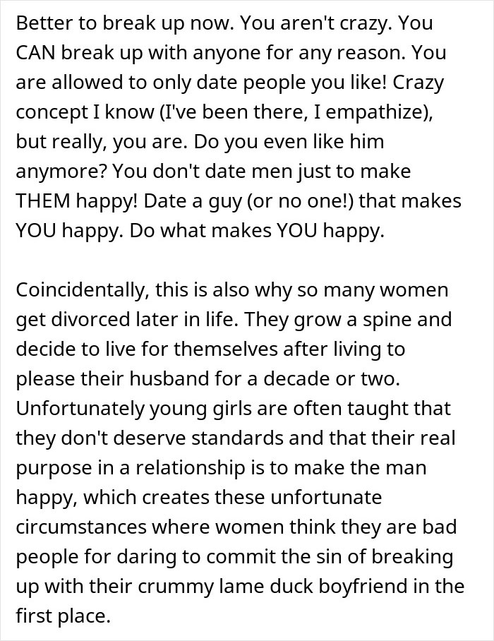 Text excerpt advising women on breaking up with unsatisfactory boyfriends and prioritizing their own happiness after finding hidden device planted by boyfriend. Text excerpt advising women on breaking up with unsatisfactory boyfriends and prioritizing their own happiness after finding hidden device planted by boyfriend.