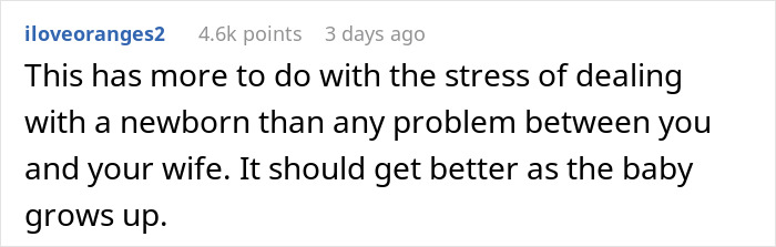 Comment about new mom struggles with baby care and stress from husband’s judgment in a online discussion. Comment about new mom struggles with baby care and stress from husband’s judgment in a online discussion.
