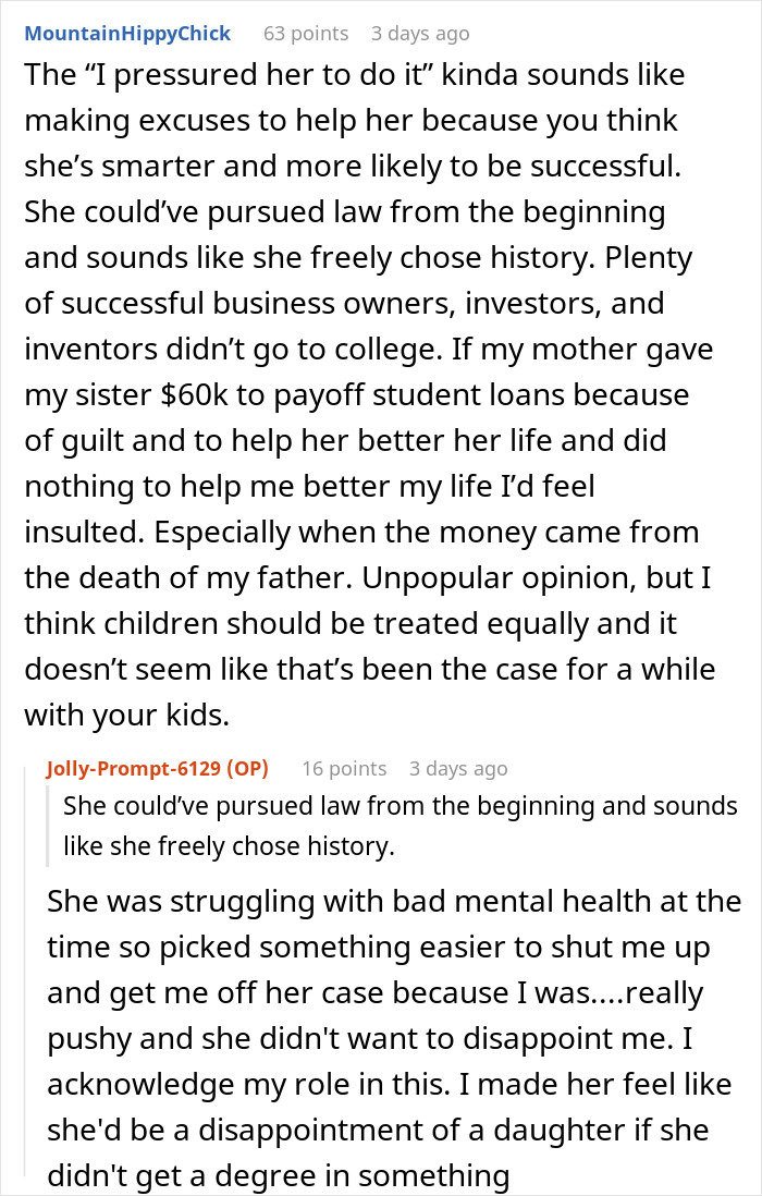 Reddit user discussing paying off daughter student loans and family dynamics involving guilt and equality in support. Reddit user discussing paying off daughter student loans and family dynamics involving guilt and equality in support.