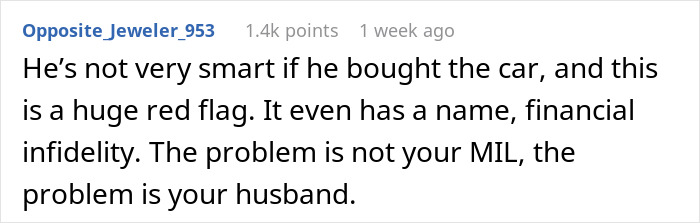Comment discussing financial infidelity as a red flag in hubby prioritizing luxury vehicle over wife’s family plans. Comment discussing financial infidelity as a red flag in hubby prioritizing luxury vehicle over wife’s family plans.