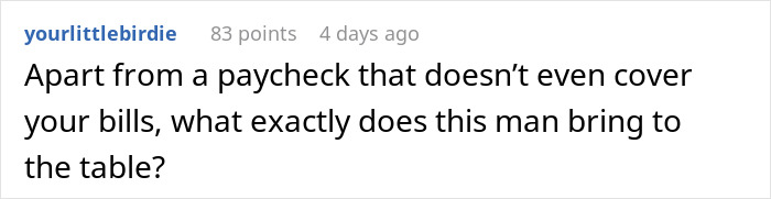 Comment on husband expects wife to work study full time with two kids, questioning his contribution to the family. Comment on husband expects wife to work study full time with two kids, questioning his contribution to the family.