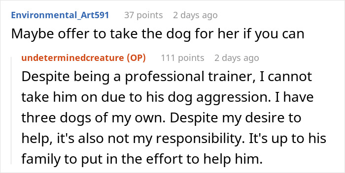 Alt text: Online discussion about adopting a dog with behavior issues, highlighting concerns from a professional dog trainer. Alt text: Online discussion about adopting a dog with behavior issues, highlighting concerns from a professional dog trainer.