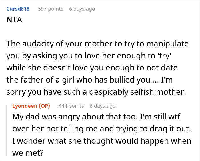 Reddit discussion where son refuses mother’s pleas for family bonding, citing her choice of nemesis and her dad over him. Reddit discussion where son refuses mother’s pleas for family bonding, citing her choice of nemesis and her dad over him.