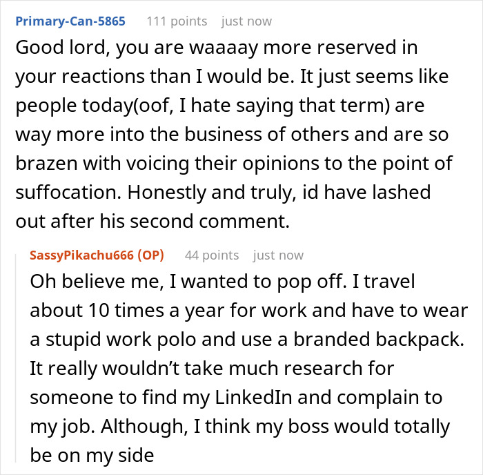 Screenshot of online comments discussing a woman's first class flight ruined by a rude old man and her stylish clap back. Screenshot of online comments discussing a woman's first class flight ruined by a rude old man and her stylish clap back.