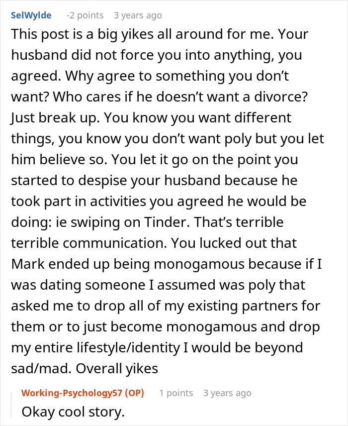 Reddit comment discussing polyamory, open marriage regrets, and relationship communication issues in a personal story. Reddit comment discussing polyamory, open marriage regrets, and relationship communication issues in a personal story.