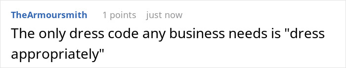 Comment about business dress code humorously reacting to overly strict workplace dress rules, highlighting employee pushback.