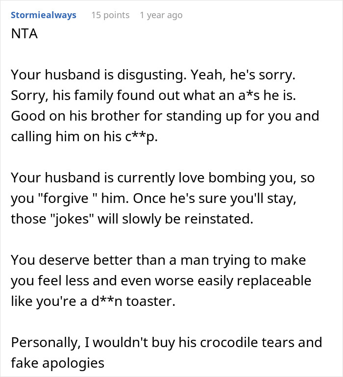 Comment discussing a man joking about trading his wife for a younger woman and his twin brother offering to date her instead. Comment discussing a man joking about trading his wife for a younger woman and his twin brother offering to date her instead.