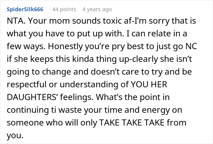 Comment from user discussing taking care of siblings while refusing support from toxic mother expressing frustration and advice. Comment from user discussing taking care of siblings while refusing support from toxic mother expressing frustration and advice.