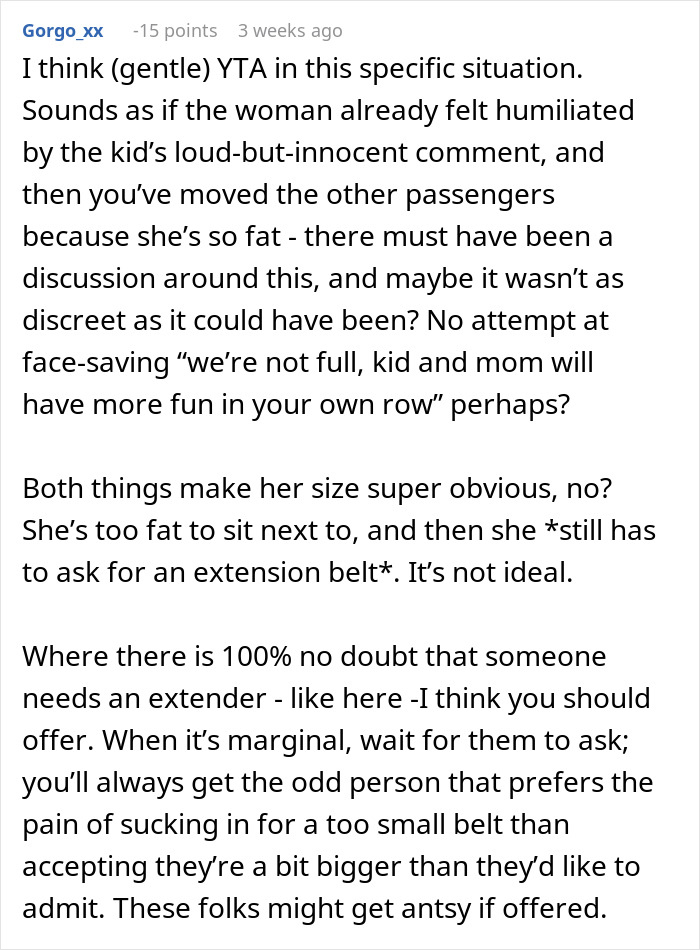 Flight attendant discusses whether to offer seatbelt extender immediately to overweight woman on airplane. Flight attendant discusses whether to offer seatbelt extender immediately to overweight woman on airplane.